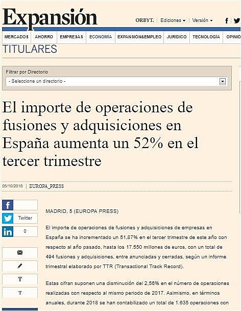 El importe de operaciones de fusiones y adquisiciones en Espaa aumenta un 52% en el tercer trimestre